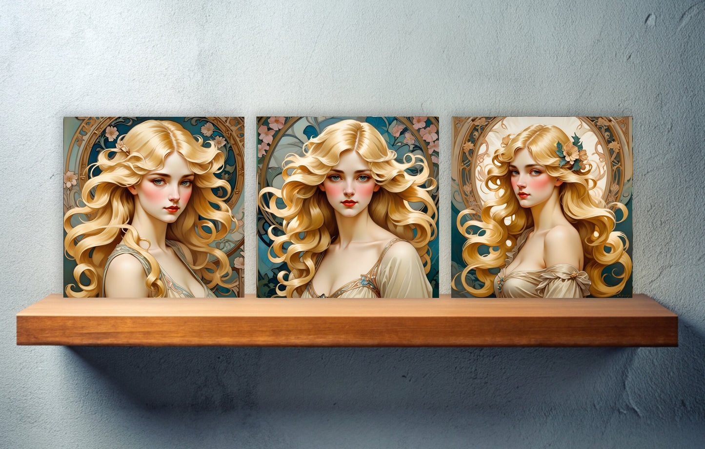Art Nouveau Woman set of 3 Ceramic tiles,Ceramic Decor Tiles,Kitchen Backsplash Tiles, Bathroom Tiles, Botanical wall art, Art Nouveau print