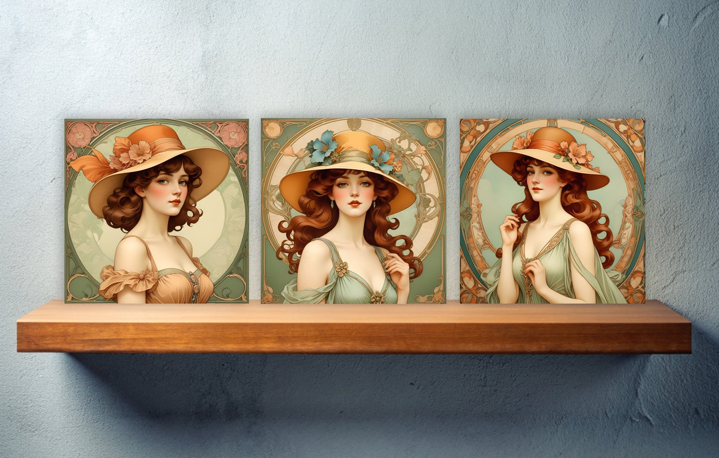 Art Nouveau Woman set of 3 Ceramic tiles,Ceramic Decor Tiles,Kitchen Backsplash Tiles, Bathroom Tiles, Botanical wall art, Art Nouveau print