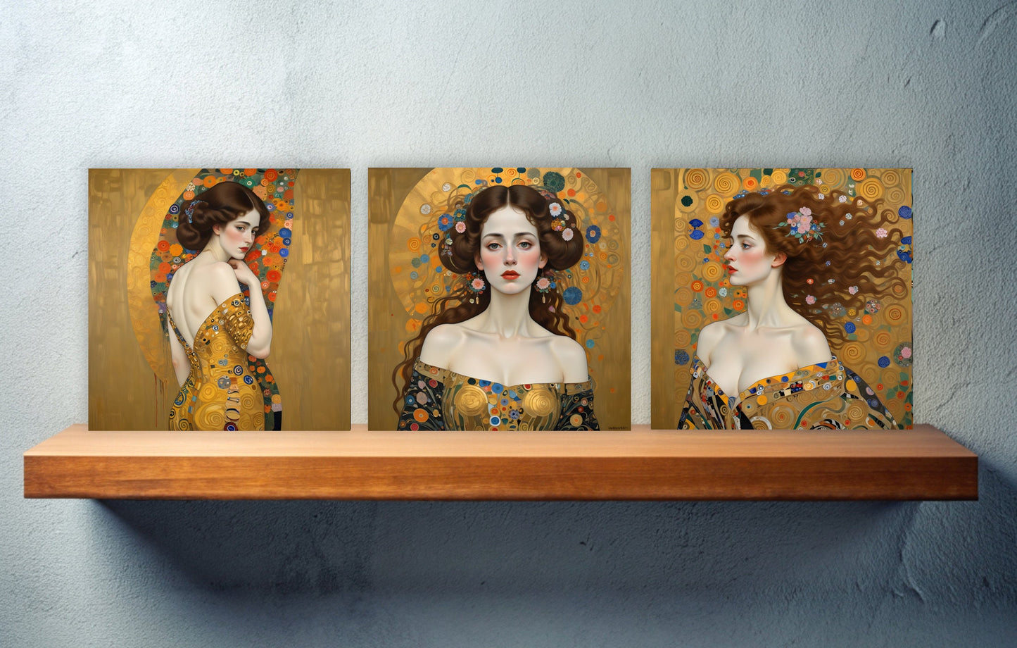 Gustav Klimt Style Set of 3 Ceramic tiles, Decor Tiles, Kitchen Backsplash Tiles, Bathroom Tiles, Art Nouveau print, Gustav Klimt print