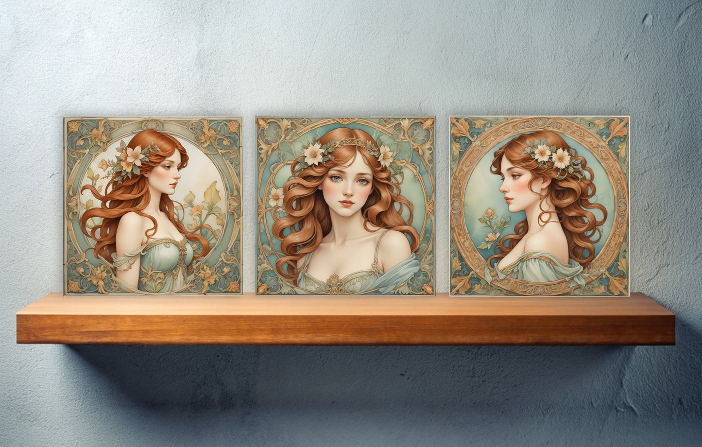 Art Nouveau Woman set of 3 Ceramic tiles,Ceramic Decor Tiles,Kitchen Backsplash Tiles, Bathroom Tiles, Botanical wall art, Art Nouveau print