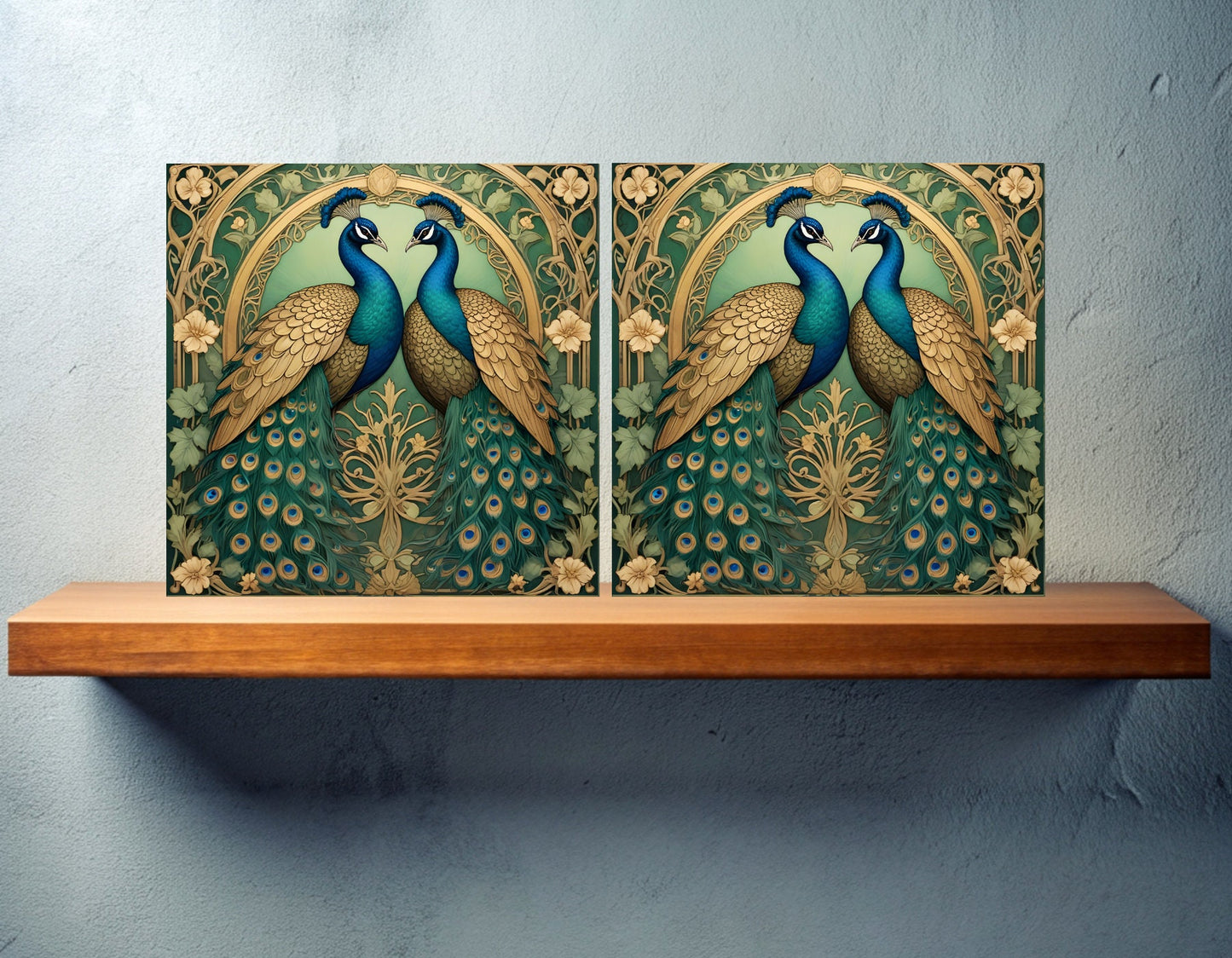 Art Nouveau Peacocks Ceramic tiles - Set of 2 Art Nouveau Bird Wall Decor Tiles - Kitchen Backsplash Tiles, Bathroom Tiles