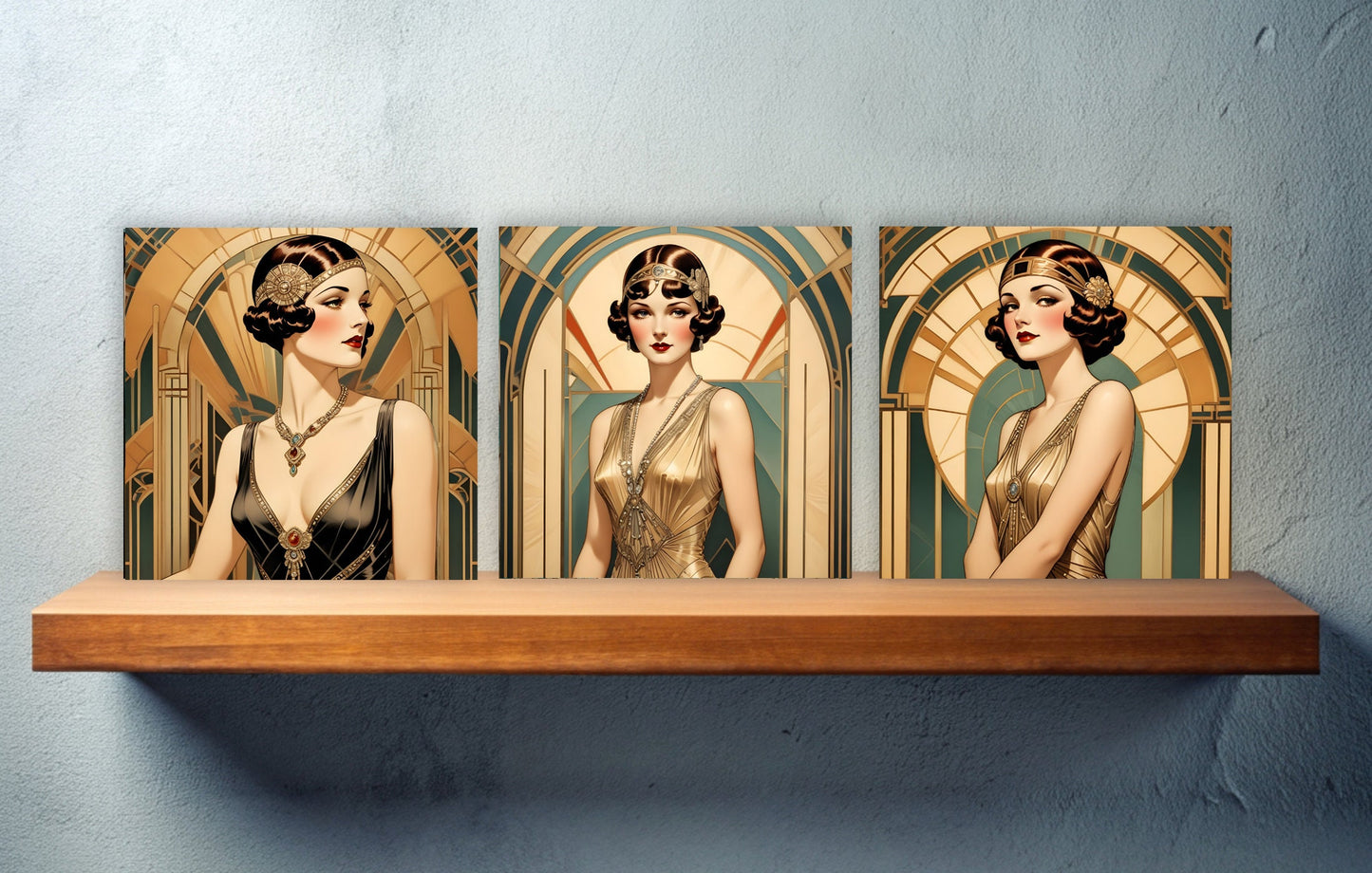 Art Deco Ceramic tiles - Set of 3 Art Deco Wall Decor Tiles - Kitchen Backsplash Tiles, Bathroom Tiles, Decorative Tiles, Shower Tiles