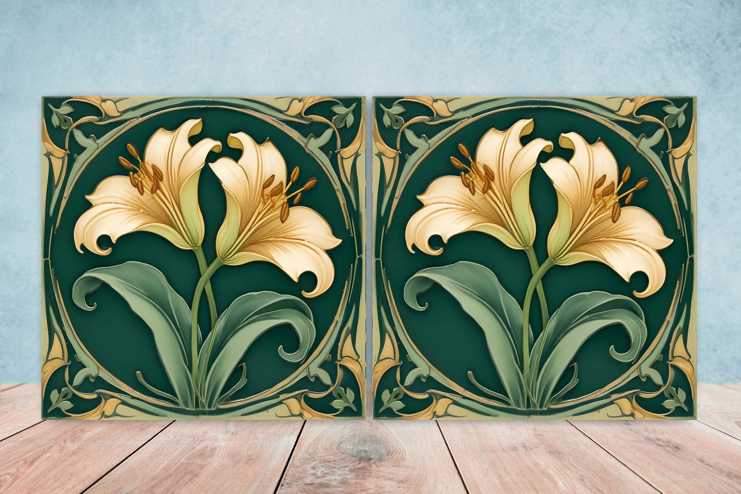 Art Nouveau Flower Ceramic tiles - Set of 2 Art Nouveau Wall Decor Tiles - Kitchen Backsplash Tiles, Table Decorative Tiles, Bathroom Tiles