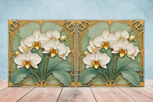 Art Nouveau Flower Ceramic tiles - Set of 2 Art Nouveau Wall Decor Tiles - Kitchen Backsplash Tiles, Table Decorative Tiles, Bathroom Tiles