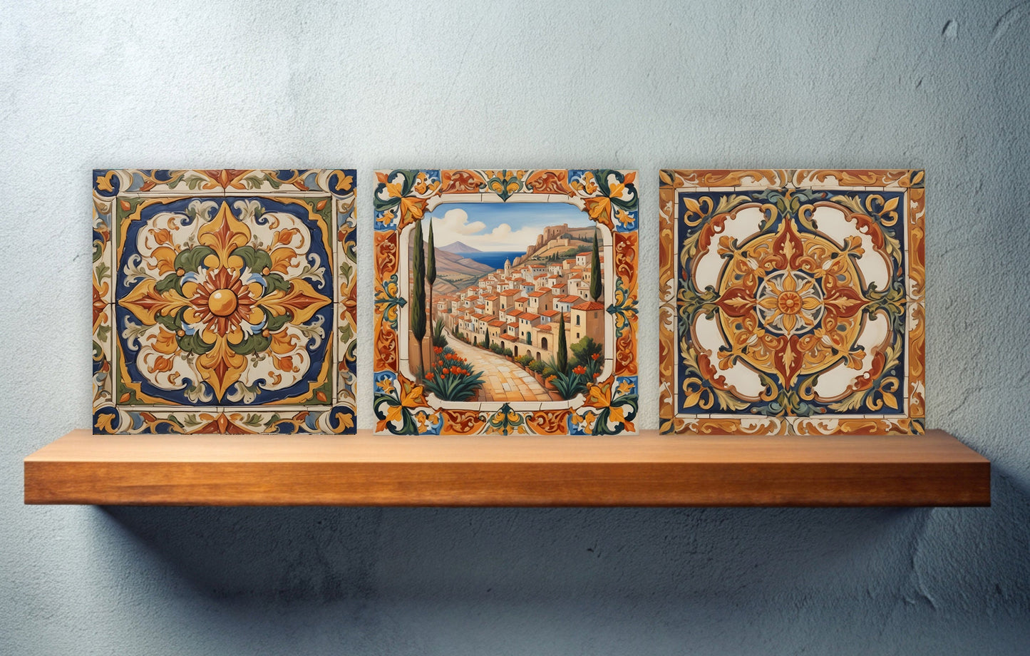 Sicilian Ceramic tiles - Set of 3 Sicilian Wall Decor Tiles - Kitchen Backsplash Tiles, Bathroom Tiles, Sicilian ceramics, Shower tiles