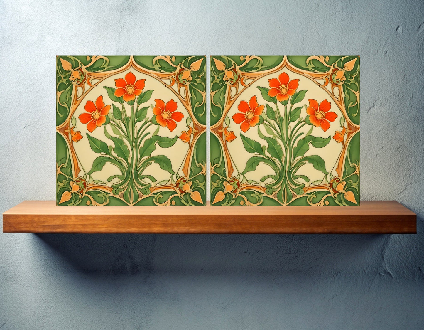 Art Nouveau Flower Ceramic tiles - Set of 2 Art Nouveau Wall Decor Tiles - Kitchen Backsplash Tiles, Table Decorative Tiles, Bathroom Tiles
