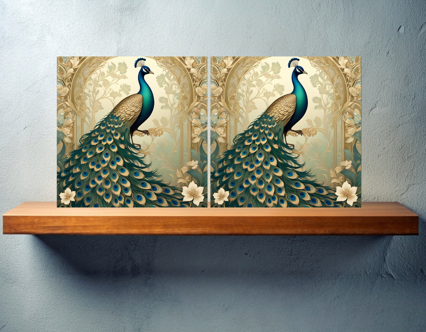 Art Nouveau Peacocks Ceramic tiles - Set of 2 Art Nouveau Bird Wall Decor Tiles - Kitchen Backsplash Tiles, Bathroom Tiles