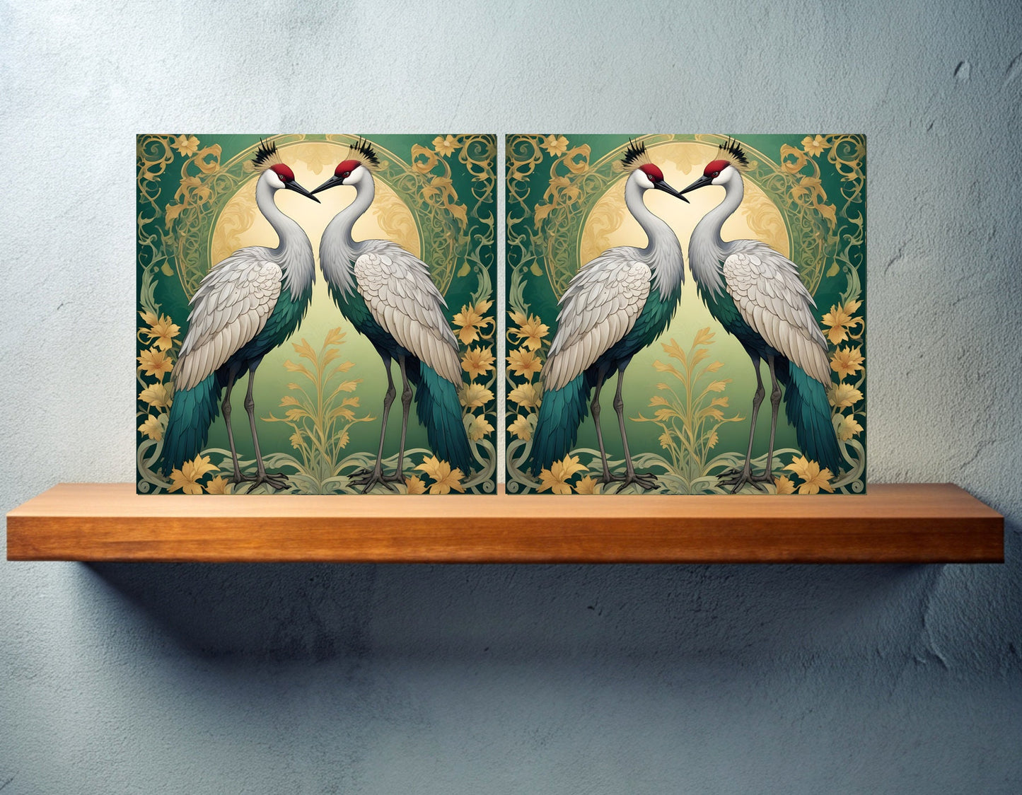 Art Nouveau Cranes Ceramic tiles - Set of 2 Art Nouveau Bird Wall Decor Tiles - Kitchen Backsplash Tiles, Bathroom Tiles