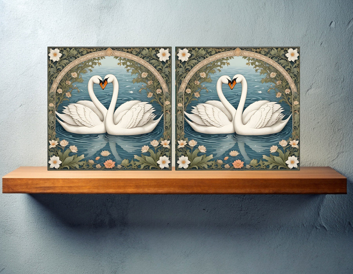Art Nouveau Swans Ceramic tiles - Set of 2 Art Nouveau Swans Wall Decor Tiles - Kitchen Backsplash Tiles, Bathroom Tiles