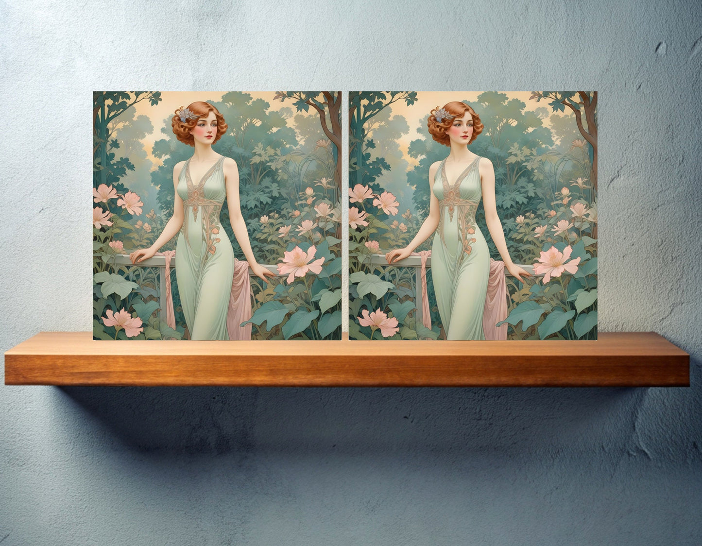 Art Nouveau Woman Ceramic tiles - Set of 2 Art Nouveau Wall Decor Tiles - Kitchen Backsplash Tiles, Table Decorative Tiles, Bathroom Tiles