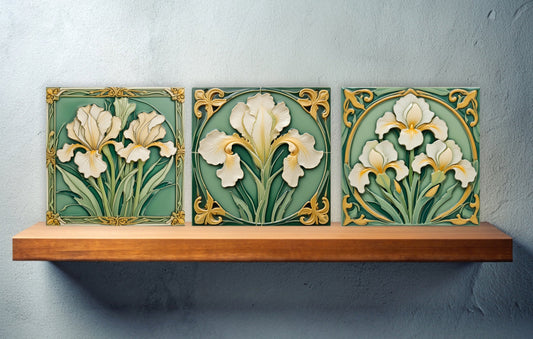 Art Nouveau Flower Ceramic tiles - Set of 3 Art Nouveau Wall Decor Tiles - Kitchen Backsplash Tiles, Table Decorative Tiles, Bathroom Tiles
