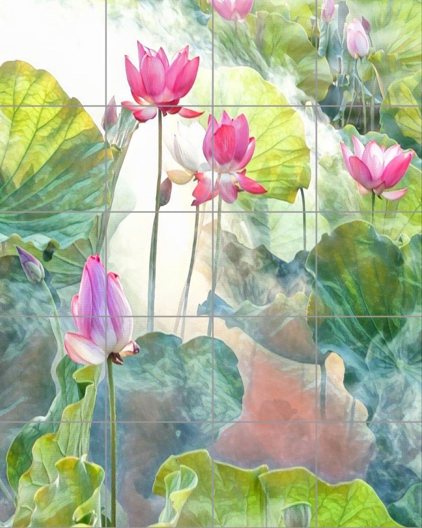 Tile Mural/Mosaic Ceramic Panel of Lotus Flowers - Lotus flower print - Tile Mural Art Print - Home Decor - Tile Mosaic - Botanica print