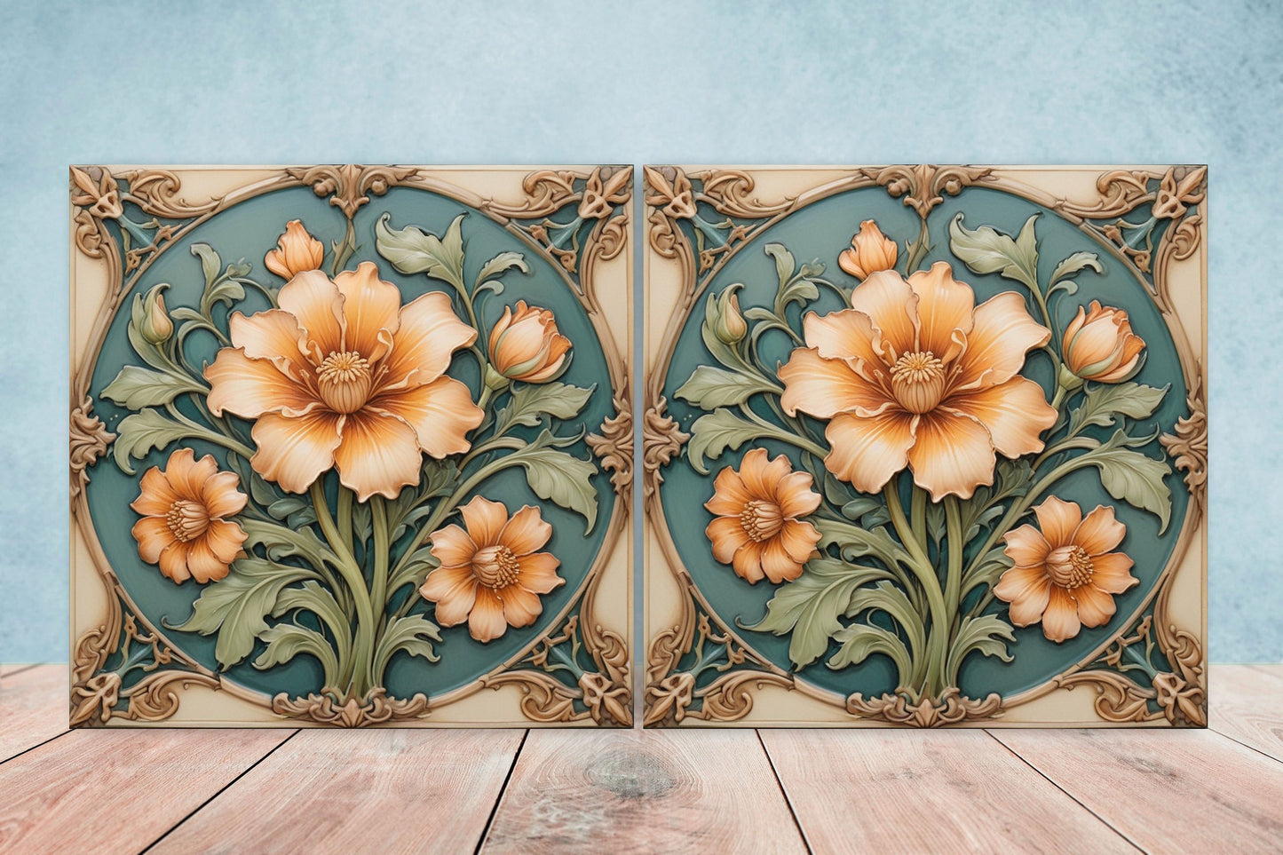 Art Nouveau Flower Ceramic tiles - Set of 2 Art Nouveau Wall Decor Tiles - Kitchen Backsplash Tiles, Table Decorative Tiles, Bathroom Tiles