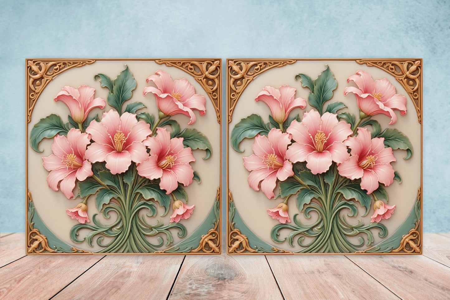 Art Nouveau Flower Ceramic tiles - Set of 2 Art Nouveau Wall Decor Tiles - Kitchen Backsplash Tiles, Table Decorative Tiles, Bathroom Tiles
