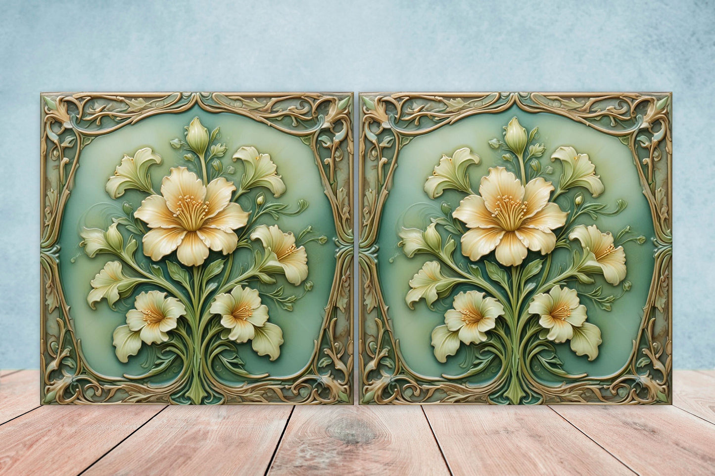 Art Nouveau Flower Ceramic tiles - Set of 2 Art Nouveau Wall Decor Tiles - Kitchen Backsplash Tiles, Table Decorative Tiles, Bathroom Tiles