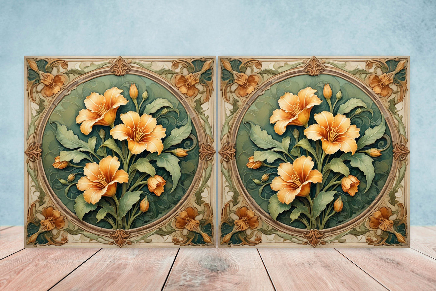 Art Nouveau Flower Ceramic tiles - Set of 2 Art Nouveau Wall Decor Tiles - Kitchen Backsplash Tiles, Table Decorative Tiles, Bathroom Tiles