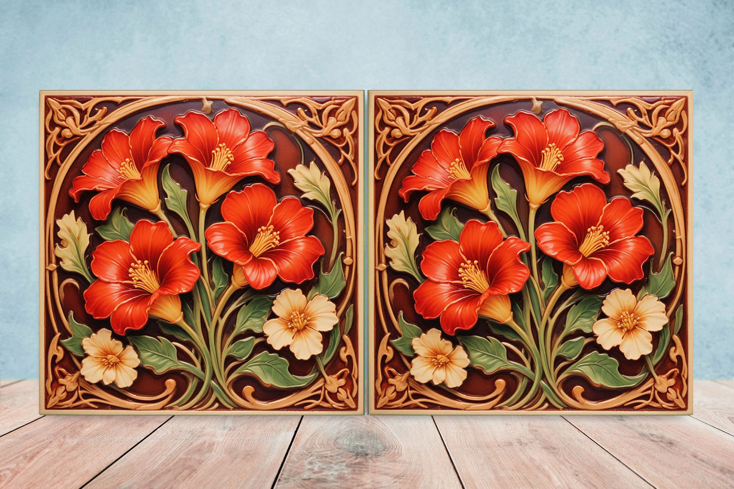 Art Nouveau Flower Ceramic tiles - Set of 2 Art Nouveau Wall Decor Tiles - Kitchen Backsplash Tiles, Table Decorative Tiles, Bathroom Tiles
