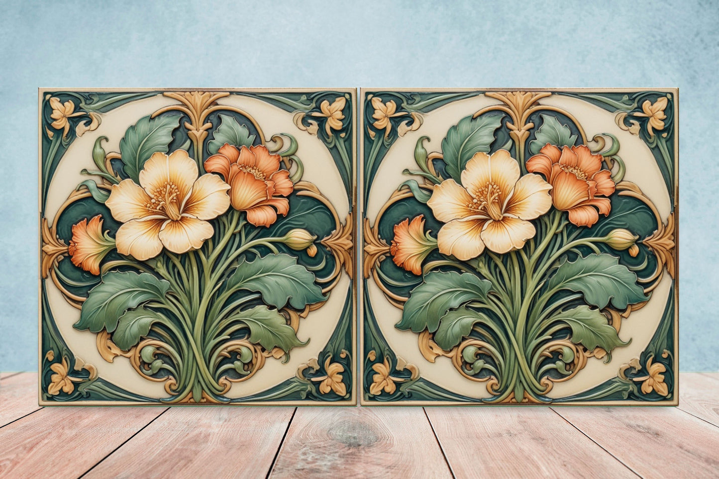 Art Nouveau Flower Ceramic tiles - Set of 2 Art Nouveau Flowers Wall Decor Tiles - Kitchen Backsplash Tiles, Bathroom Tiles