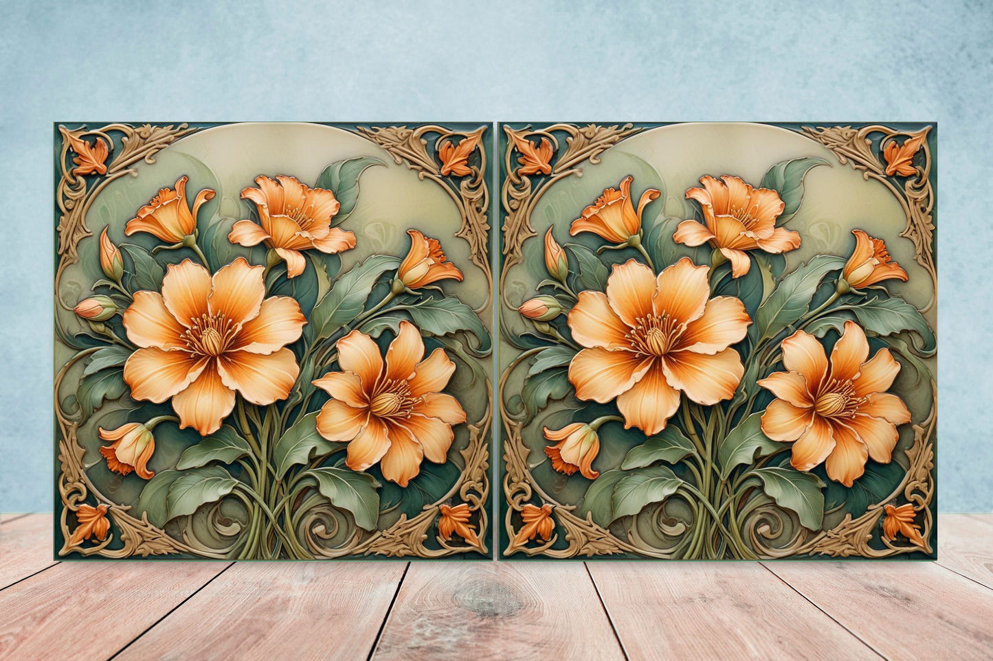 Art Nouveau Flower Ceramic tiles - Set of 2 Art Nouveau Wall Decor Tiles - Kitchen Backsplash Tiles, Table Decorative Tiles, Bathroom Tiles