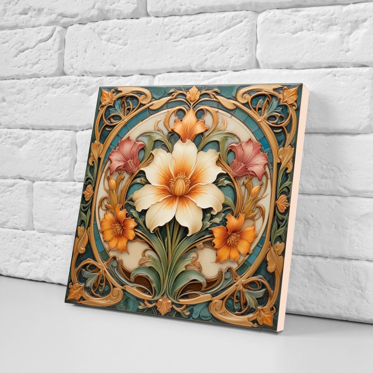 Art Nouveau Flower Ceramic tiles - Set of 2 Art Nouveau Wall Decor Tiles - Kitchen Backsplash Tiles, Table Decorative Tiles, Bathroom Tiles