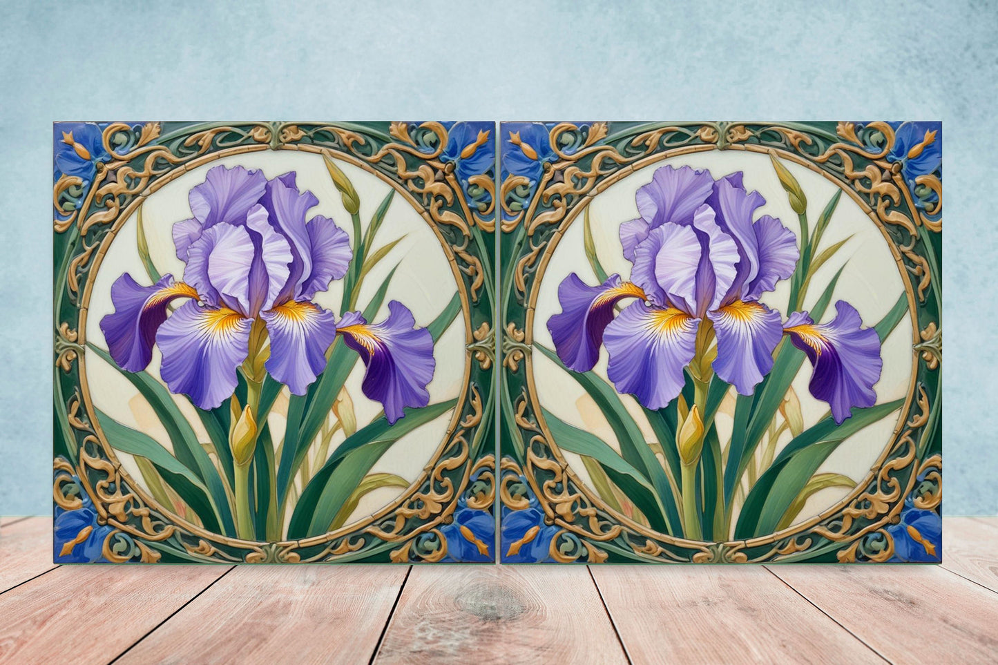 Art Nouveau Flower Ceramic tiles - Set of 2 Art Nouveau Wall Decor Tiles - Kitchen Backsplash Tiles, Table Decorative Tiles, Bathroom Tiles