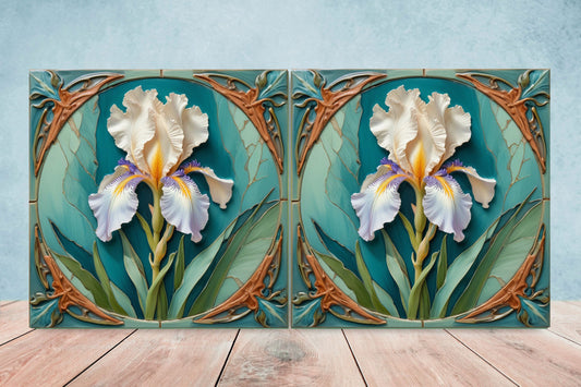 Art Nouveau Flower Ceramic tiles - Set of 2 Art Nouveau Irises Wall Decor Tiles - Iris Print, Kitchen Backsplash Tiles, Bathroom Tiles