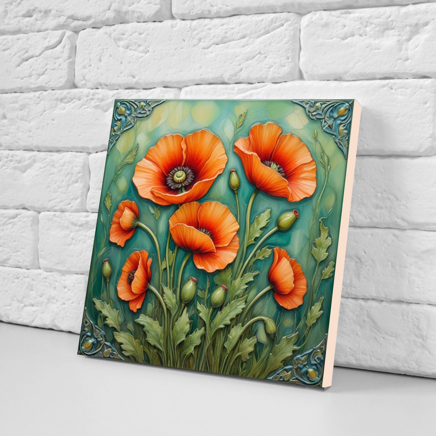 Art Nouveau Flower Ceramic tiles - Set of 2 Art Nouveau Poppies Wall Decor Tiles - Poppy Tiles, Kitchen Backsplash Tiles, Bathroom Tiles