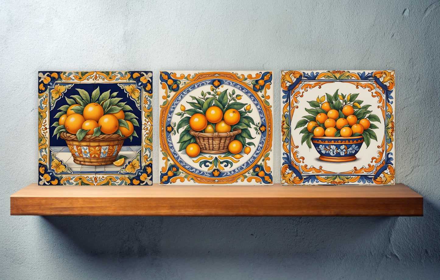 Sicilian Orange Ceramic tiles - Set of 3 Sicilian Wall Decor Tiles - Kitchen Backsplash Tiles, Bathroom Tiles, Shower tiles, Italian Tiles