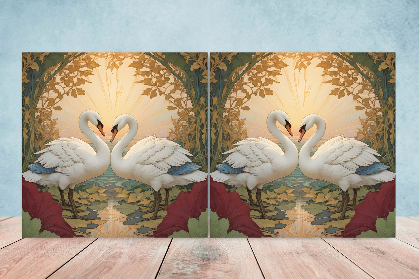 Art Nouveau Walter Crane Style Swan Ceramic tiles - Set of 2 Art Nouveau Bird Wall Decor Tiles - Kitchen Backsplash Tiles, Bathroom Tiles