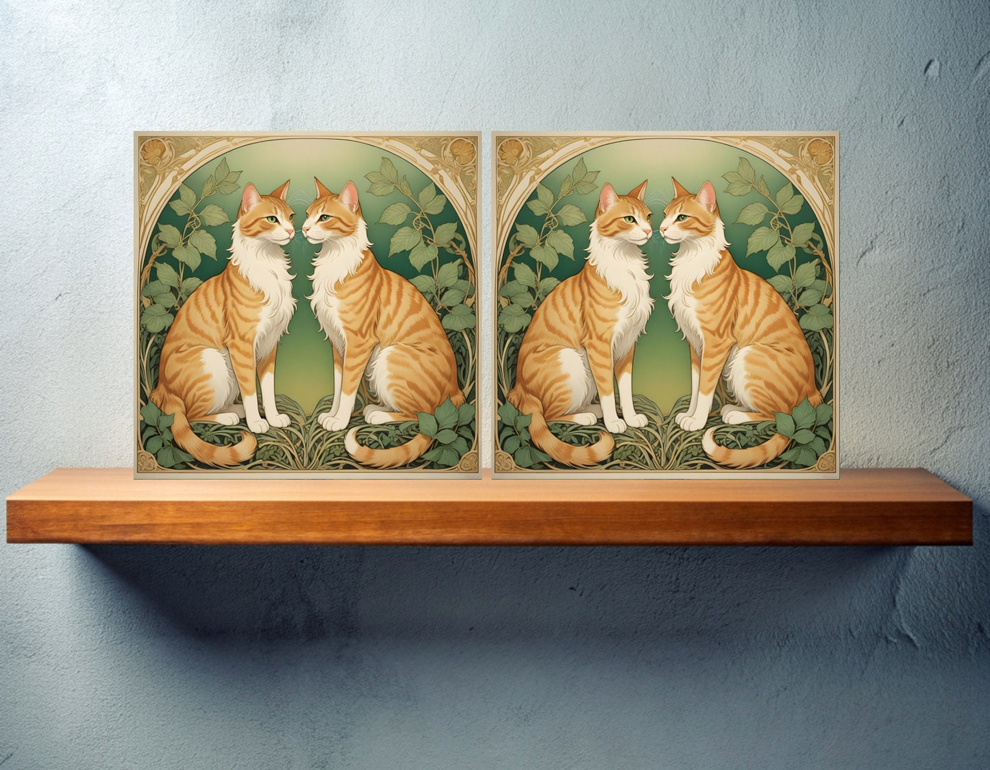 Art Nouveau Walter Crane Style Cats Ceramic tiles -Set of 2 Art Nouveau Cats Wall Decor Tiles, Kitchen Backsplash Tiles, Bathroom Tiles