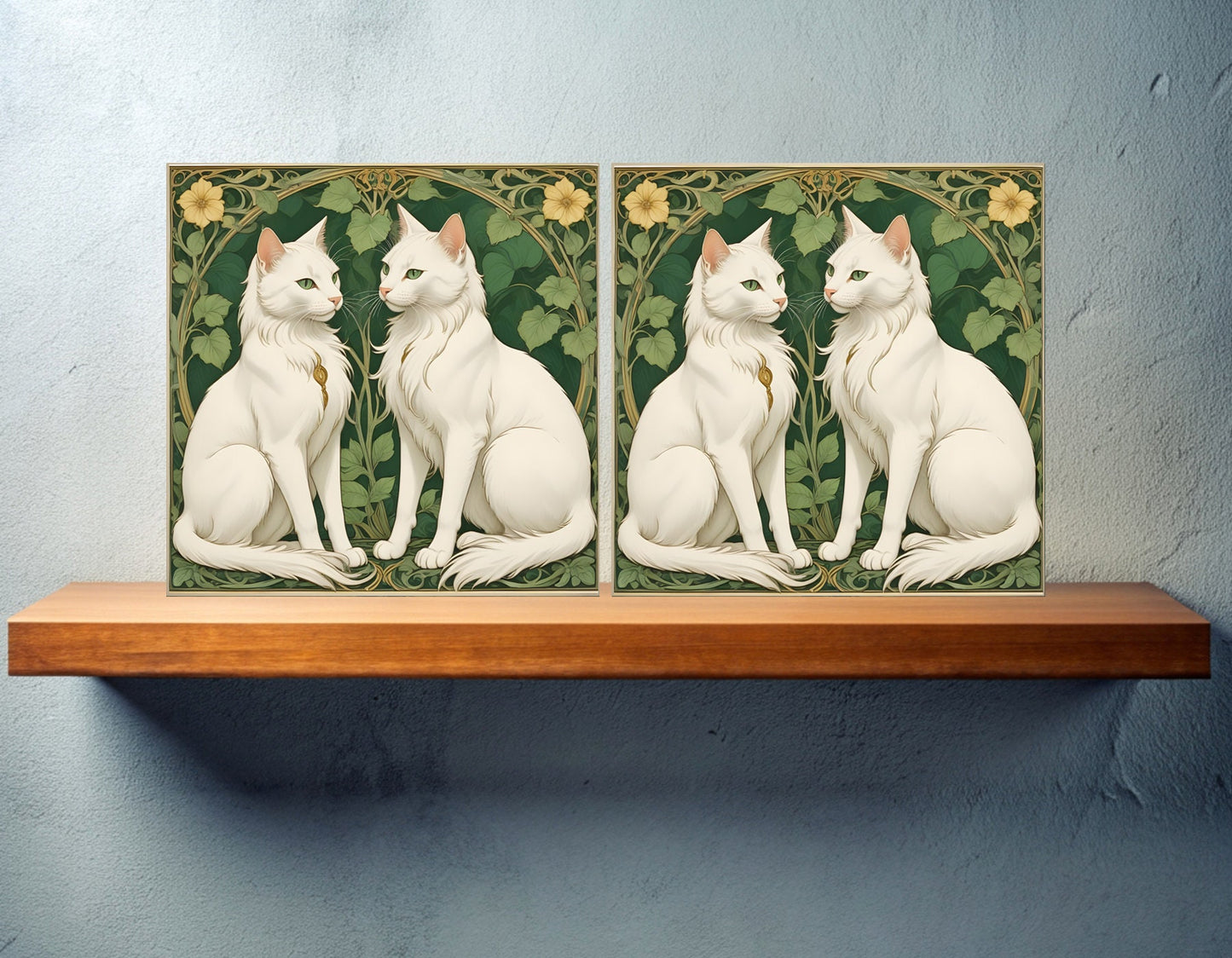 Art Nouveau Walter Crane Style Cats Ceramic tiles -Set of 2 Art Nouveau Cats Wall Decor Tiles, Kitchen Backsplash Tiles, Bathroom Tiles