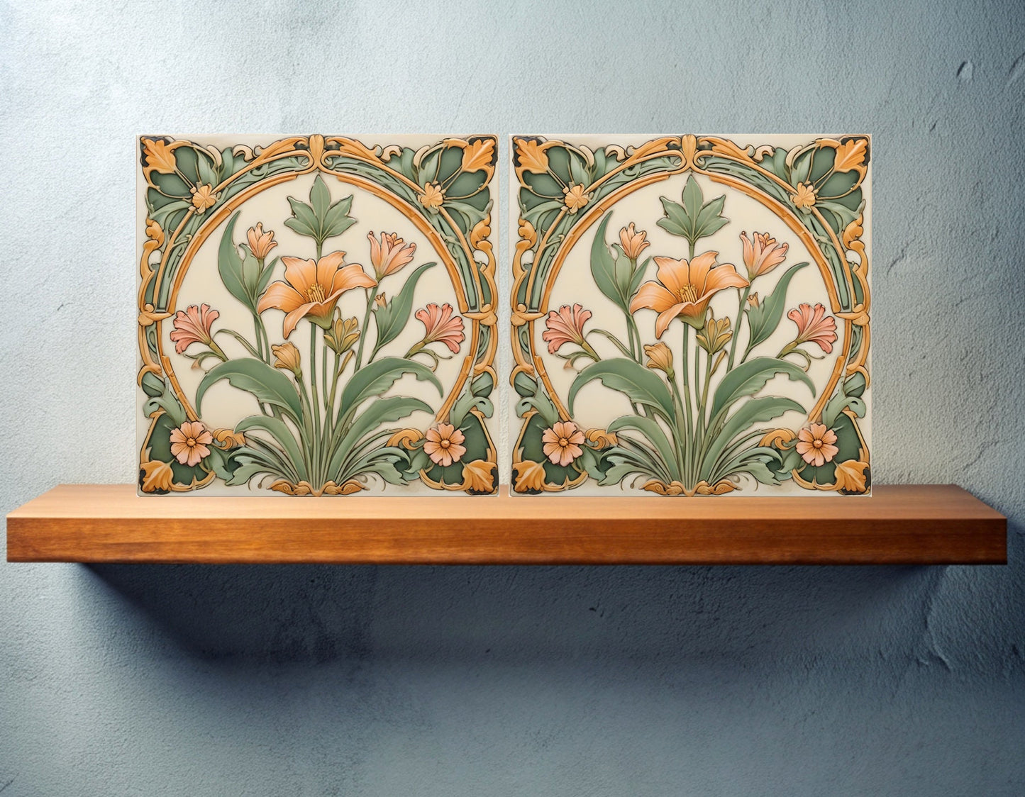 Art Nouveau Flower Ceramic tiles - Set of 2 Art Nouveau Wall Decor Tiles - Kitchen Backsplash Tiles, Table Decorative Tiles, Bathroom Tiles