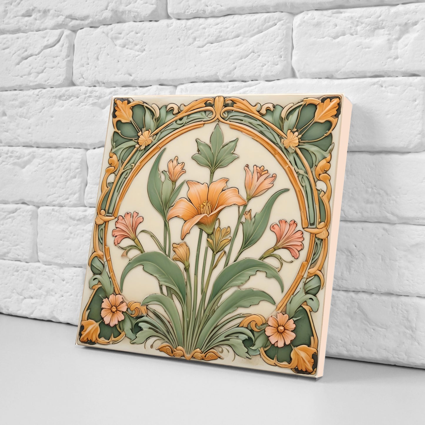 Art Nouveau Flower Ceramic tiles - Set of 2 Art Nouveau Wall Decor Tiles - Kitchen Backsplash Tiles, Table Decorative Tiles, Bathroom Tiles