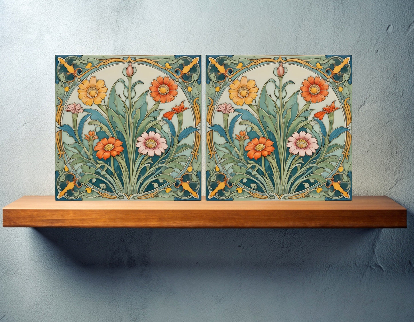 Art Nouveau Flower Ceramic tiles - Set of 2 Art Nouveau Wall Decor Tiles - Kitchen Backsplash Tiles, Table Decorative Tiles, Bathroom Tiles
