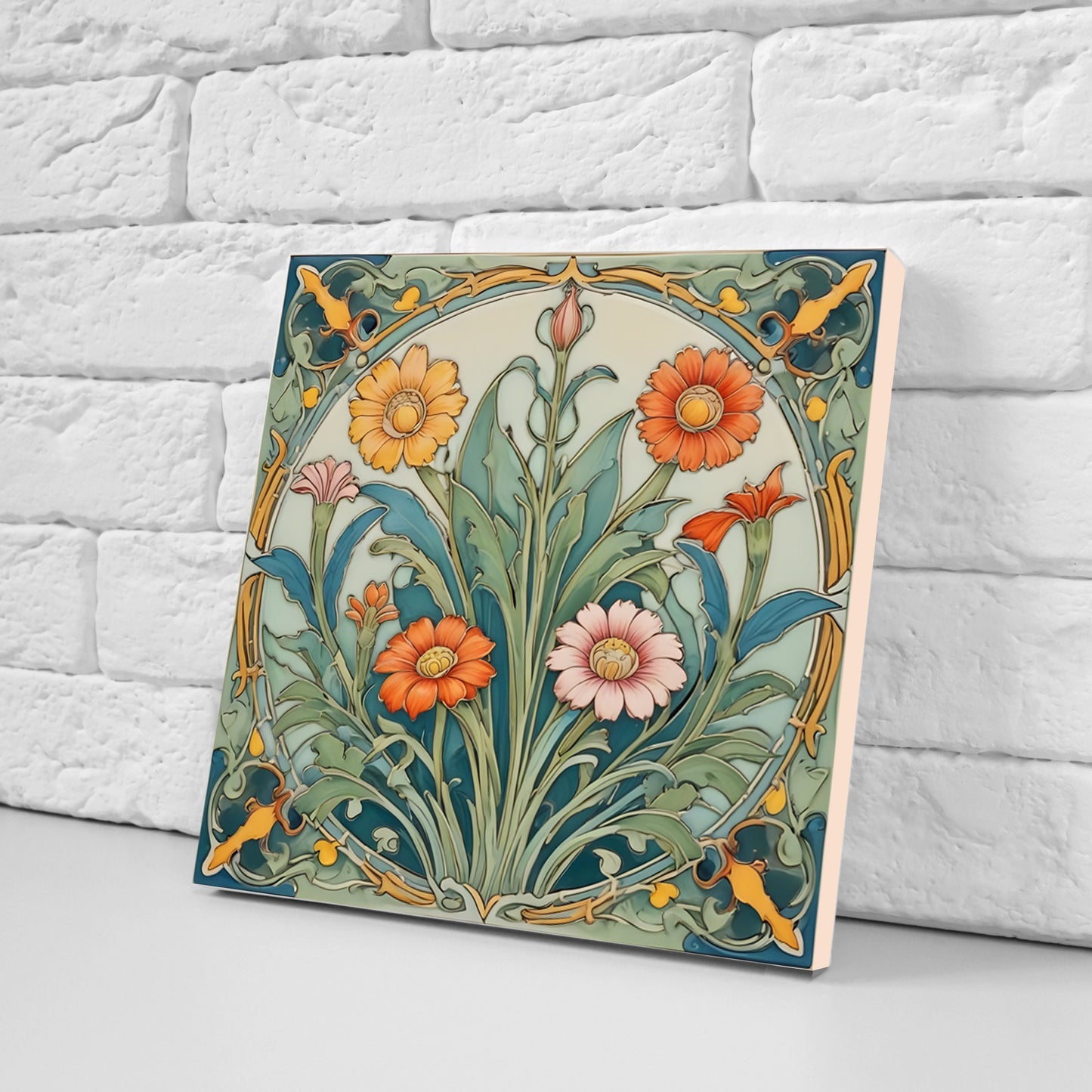 Art Nouveau Flower Ceramic tiles - Set of 2 Art Nouveau Wall Decor Tiles - Kitchen Backsplash Tiles, Table Decorative Tiles, Bathroom Tiles