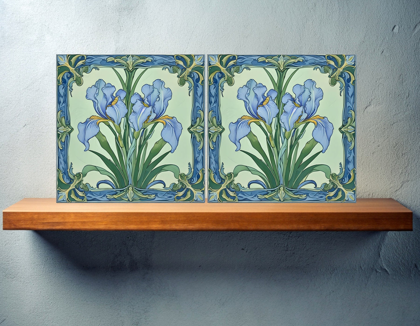 Art Nouveau Flower Ceramic tiles - Set of 2 Art Nouveau Irises Wall Decor Tiles - Kitchen Backsplash Tiles, Bathroom Tiles