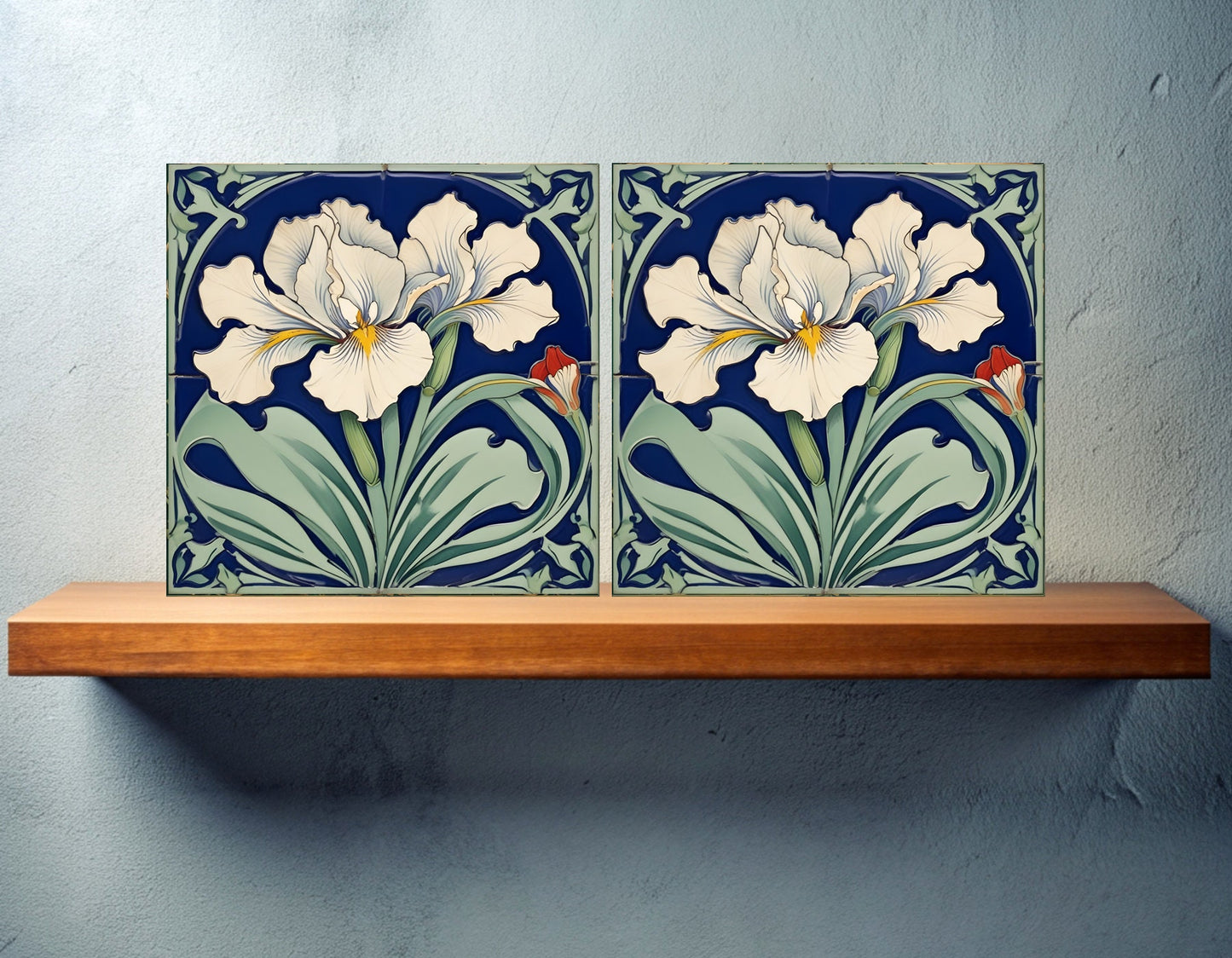 Art Nouveau Flower Ceramic tiles - Set of 2 Art Nouveau Wall Decor Tiles - Kitchen Backsplash Tiles, Table Decorative Tiles, Bathroom Tiles