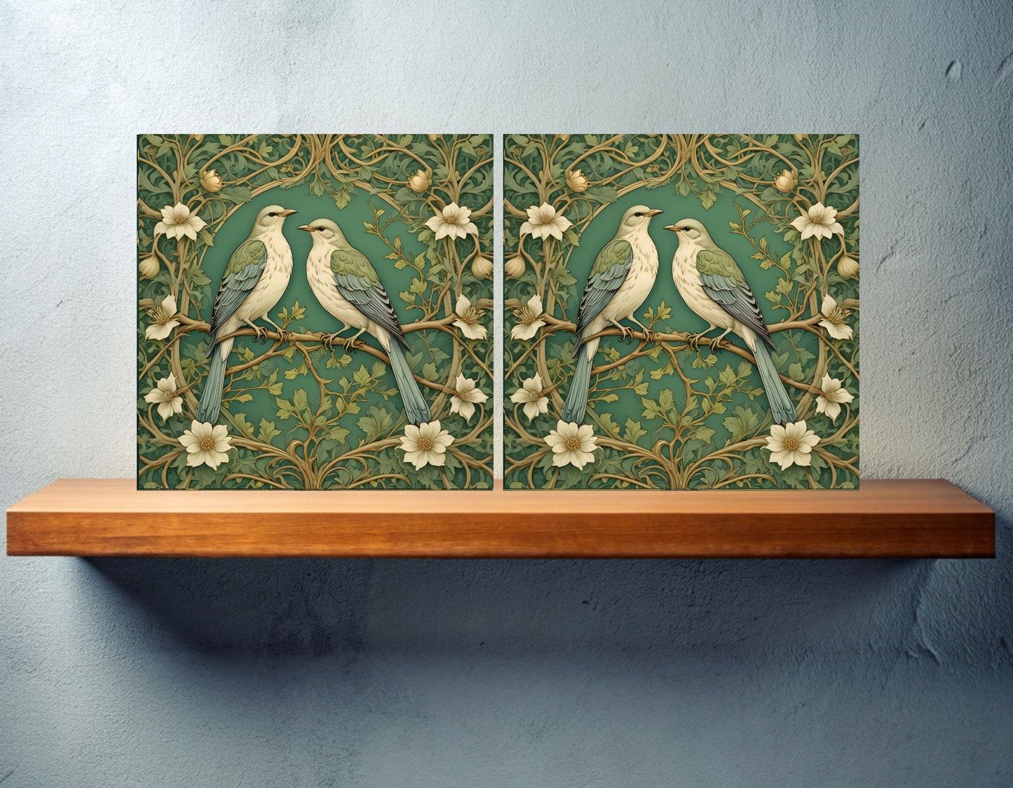 Art Nouveau Mockingbird Ceramic tiles - Set of 2 Art Nouveau Bird Wall Decor Tiles - Kitchen Backsplash Tiles, Bathroom Tiles, Shower tiles