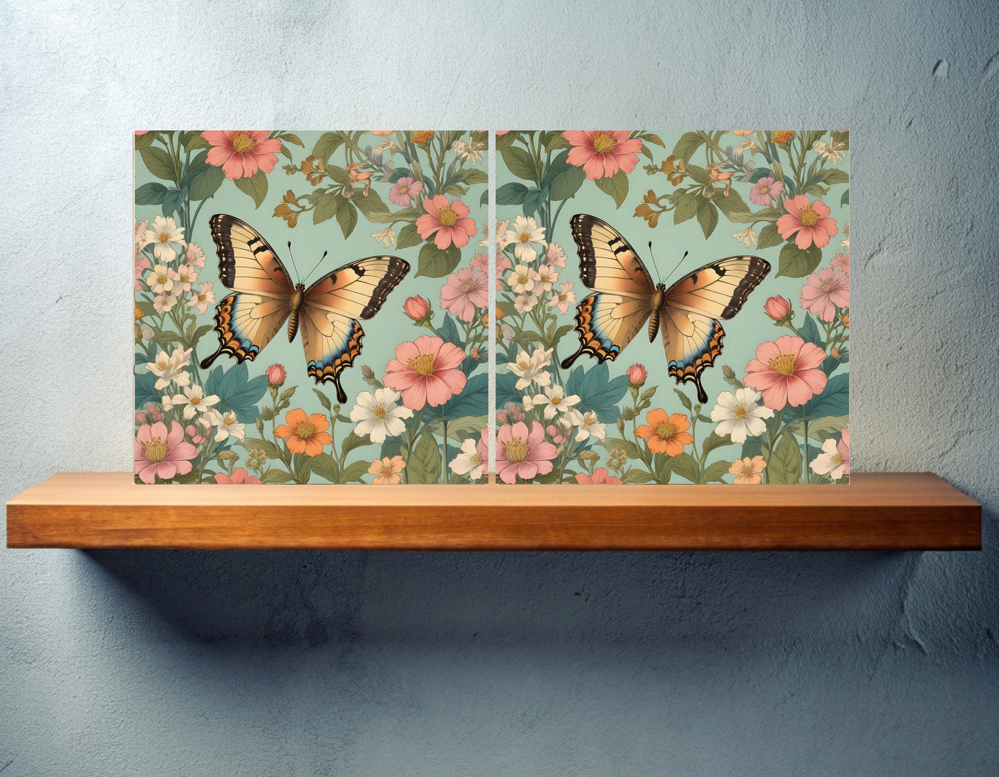 Art Nouveau Buterfly Ceramic tiles - Set of 2 Art Nouveau Butterfly Wall Decor Tiles - Kitchen Backsplash Tiles, Bathroom Tiles
