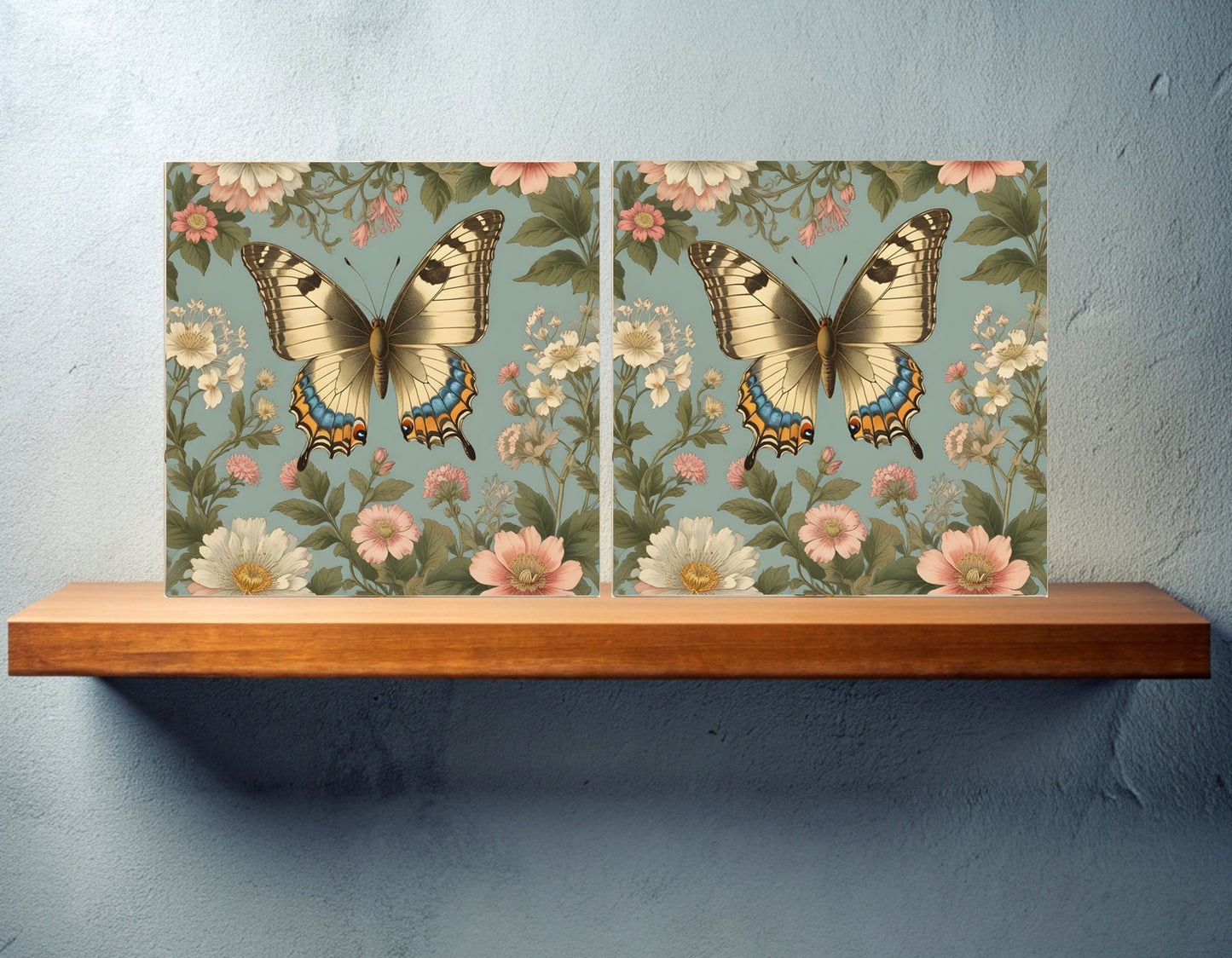 Art Nouveau Buterfly Ceramic tiles - Set of 2 Art Nouveau Butterfly Wall Decor Tiles - Kitchen Backsplash Tiles, Bathroom Tiles