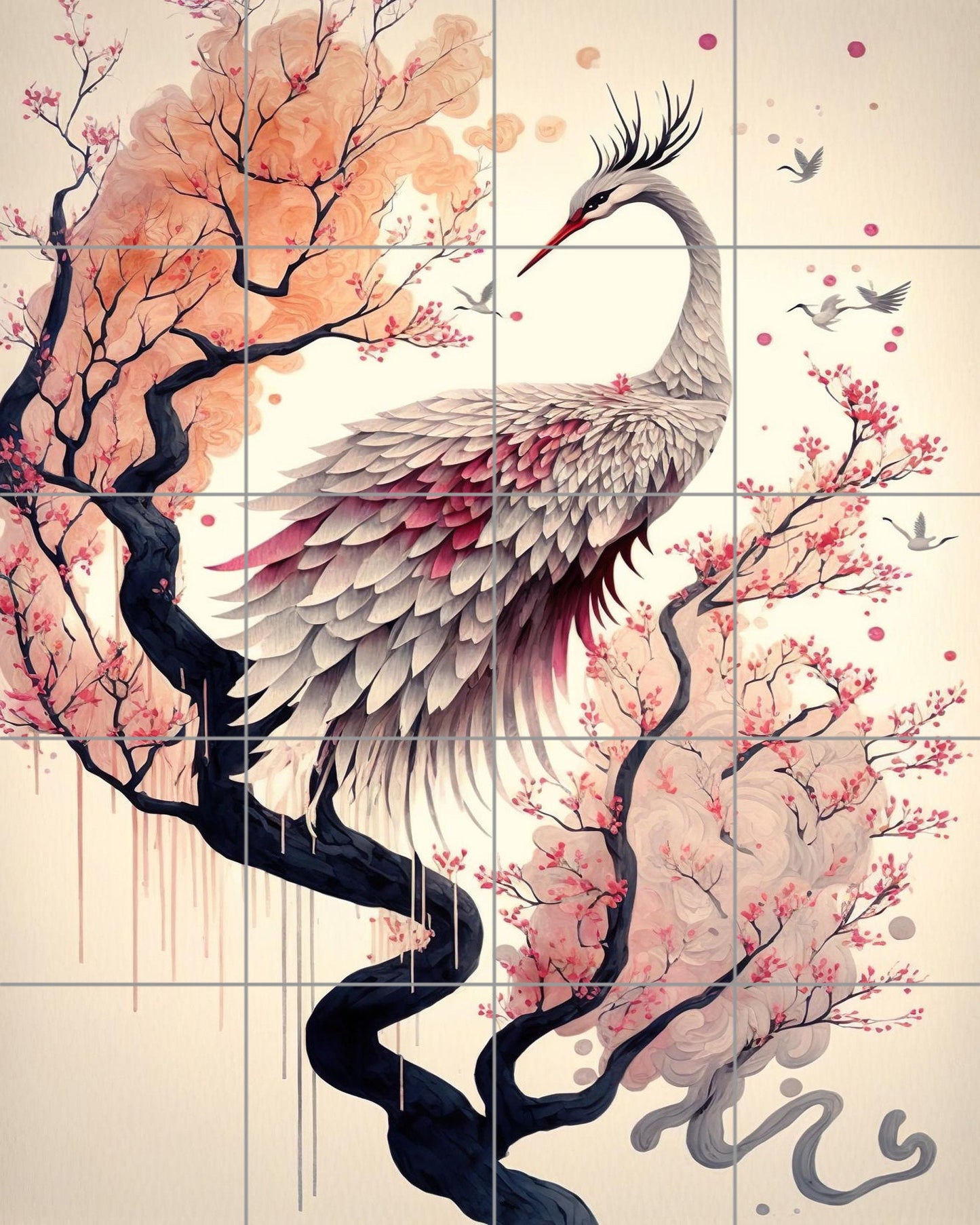 Tile Mural/Mosaic Ceramic Panel of a Japanese Crane - Crane Bird Wall Art - Heron print - Bird Tile Mural -Gloss Tiles -Heron Home decor