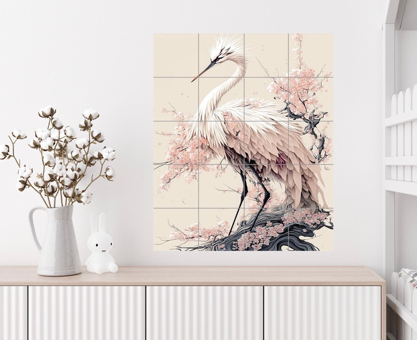 Tile Mural/Mosaic Ceramic Panel of a Japanese Crane - Crane Bird Wall Art - Heron print - Bird Tile Mural -Gloss Tiles -Heron Home decor