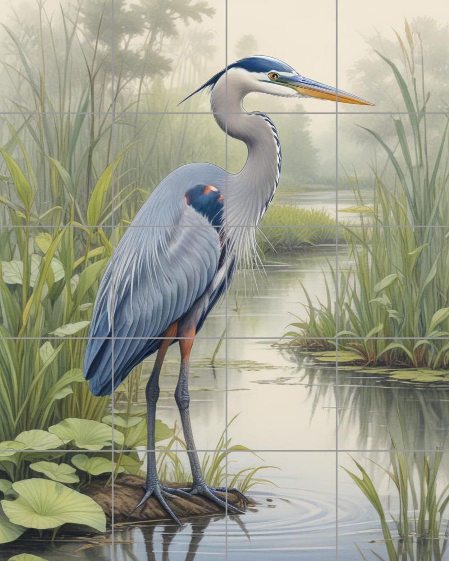 Tile Mural/Mosaic Ceramic Panel of a Blue Heron Bird -Crane Bird Wall Art - Heron print - Bird Tile Mural -Gloss Tiles -Heron Home decor