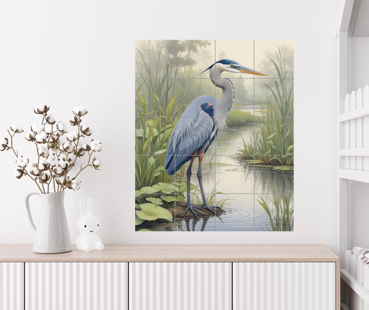 Tile Mural/Mosaic Ceramic Panel of a Blue Heron Bird -Crane Bird Wall Art - Heron print - Bird Tile Mural -Gloss Tiles -Heron Home decor