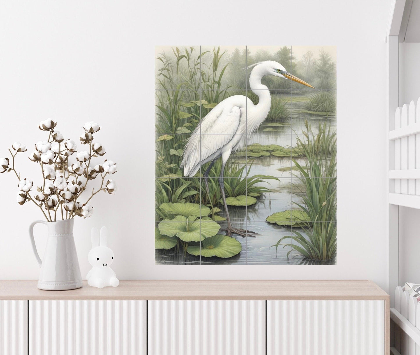 Tile Mural/Mosaic Ceramic Panel of a White Heron Bird -Crane Bird Wall Art - Heron print - Bird Tile Mural -Gloss Tiles -Heron Wall Art