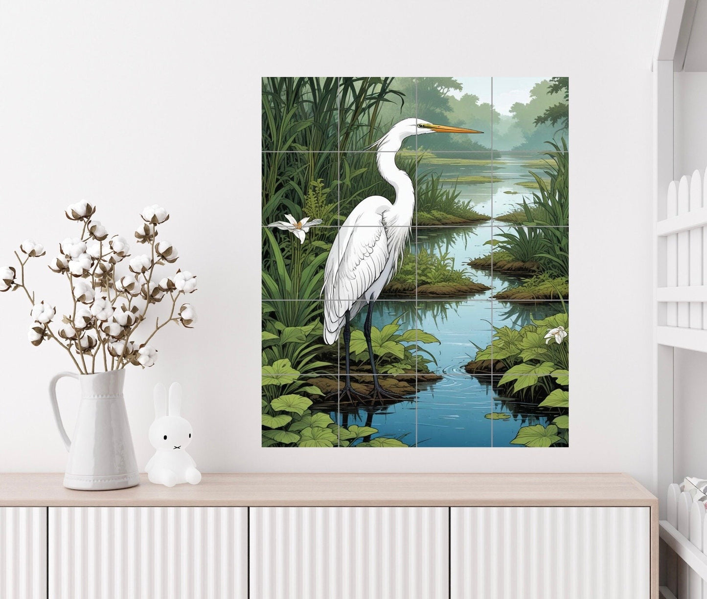 Tile Mural/Mosaic Ceramic Panel of a White Heron Bird -Crane Bird Wall Art - Heron print - Bird Tile Mural -Gloss Tiles -Heron Wall Art