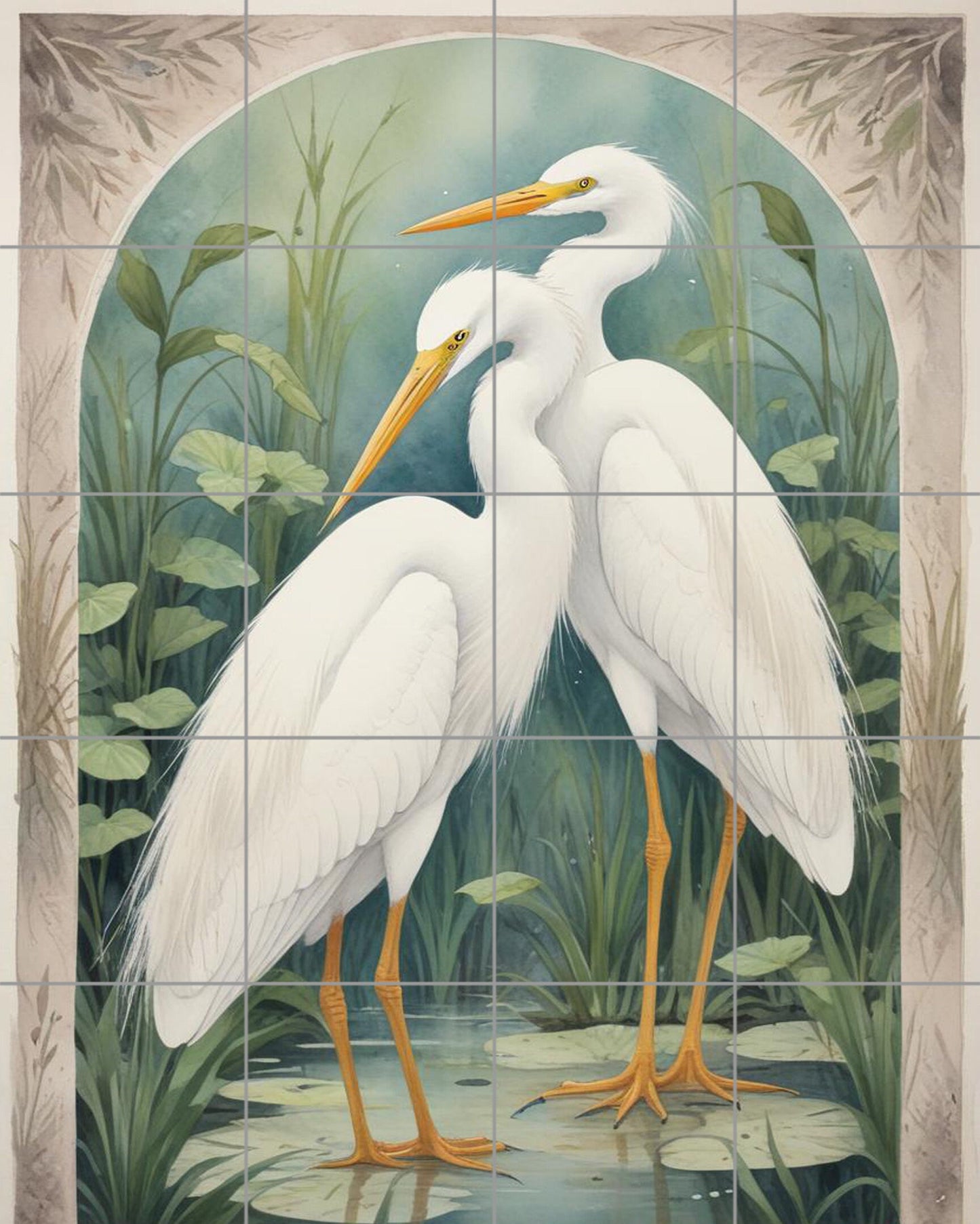 Tile Mural/Mosaic Ceramic Panel of a White Heron Bird -Crane Bird Wall Art - Heron print - Bird Tile Mural -Gloss Tiles -Heron Wall Art