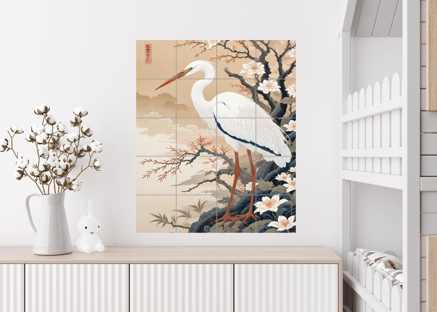 Tile Mural/Mosaic Ceramic Panel of a White Heron Bird -Crane Bird Wall Art - Heron print - Bird Tile Mural -Gloss Tiles -Heron Wall Art