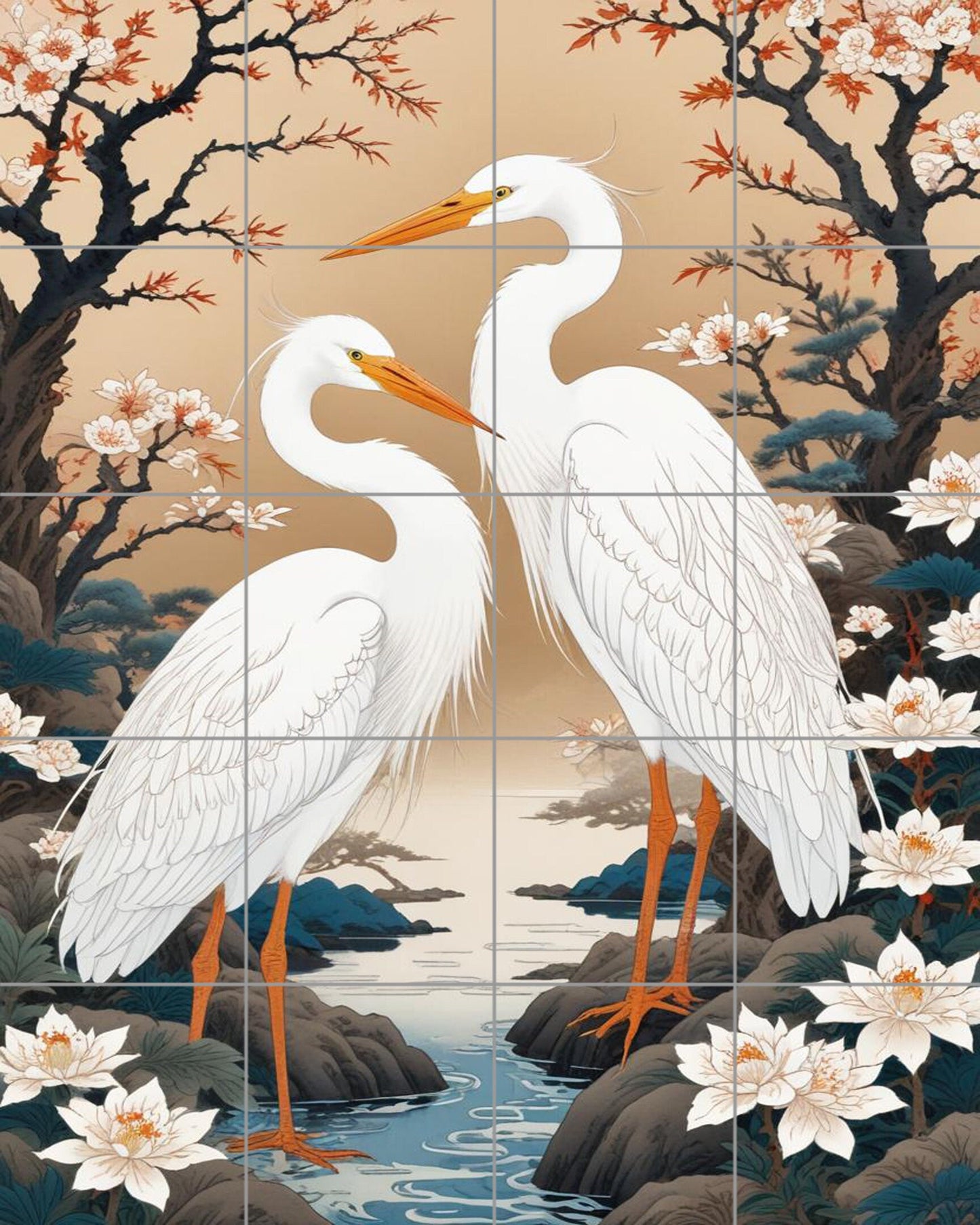 Tile Mural/Mosaic Ceramic Panel of a White Heron Bird -Crane Bird Wall Art - Heron print - Bird Tile Mural -Gloss Tiles -Heron Wall Art