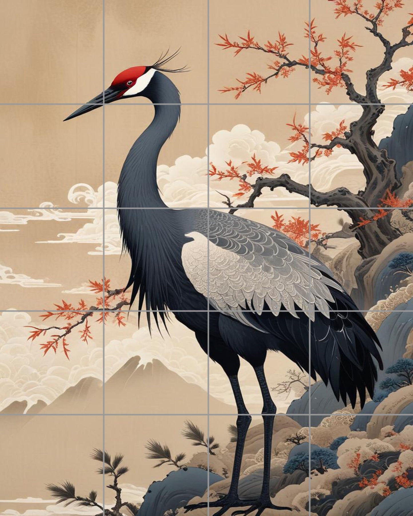 Tile Mural/Mosaic Ceramic Panel of a Black Heron Bird -Crane Bird Wall Art - Heron print - Bird Tile Mural -Gloss Tiles -Heron Wall Art